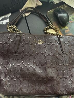 Coach Signature Tote in Burgundy with Gold Hardware